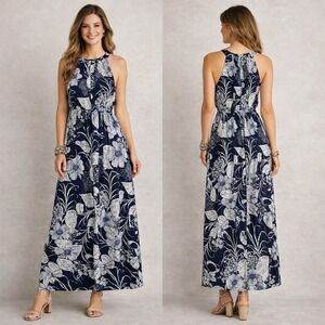 NWT Robbi Bee Sz M Navy Ivory Flowy Floral Halter Maxi Dress Party Vacation